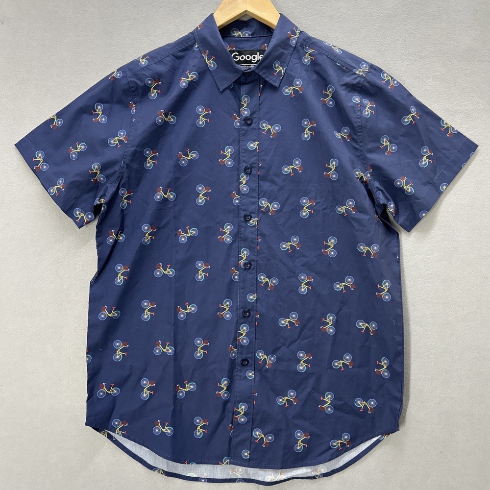 Google Bike Camp Shirt Bicycle Print Button Up Short Sleeve Men Medium NEW